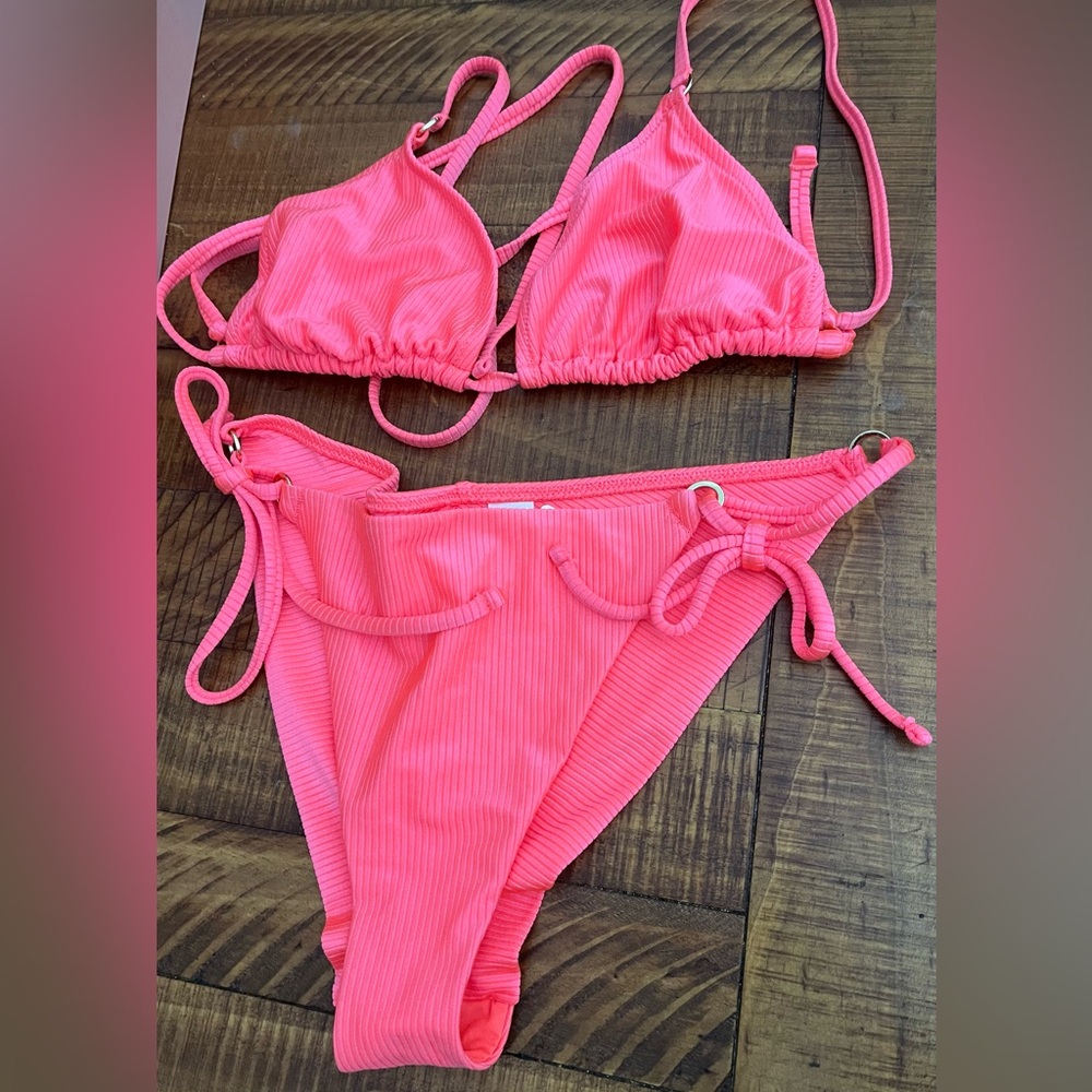 NWT Aerie FULL SET Shine Rib String Triangle Top + Cheekiest Tie Bottom Neon XL